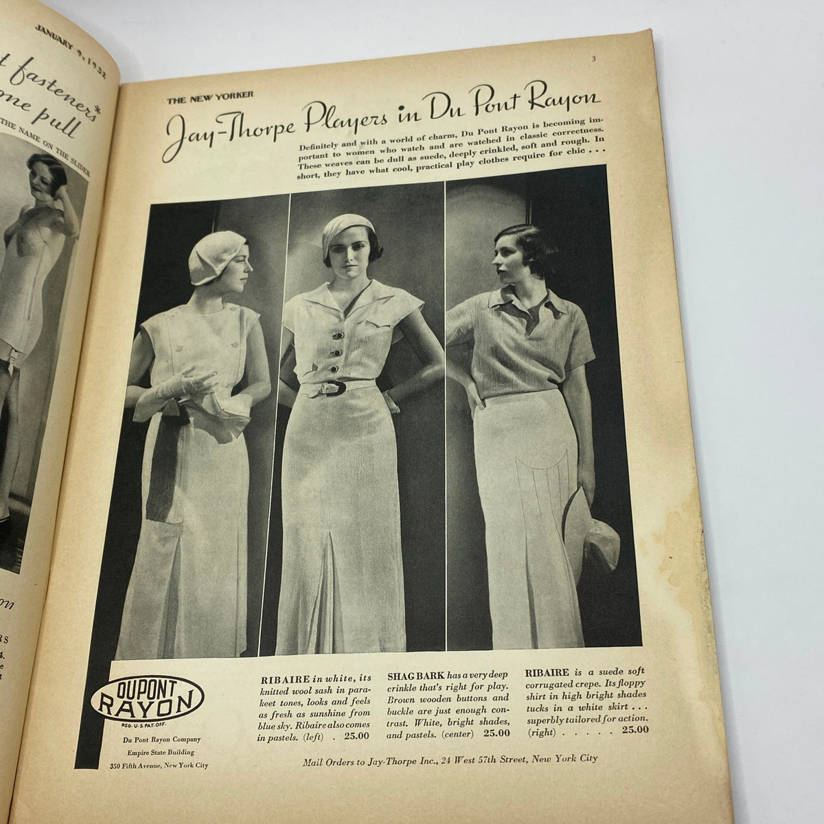 Fashion advertisement in The New Yorker January 9, 1932 featuring Jan-Thorpe Players in Du Pont Rayon fabric, showcasing women's clothing styles from the era.