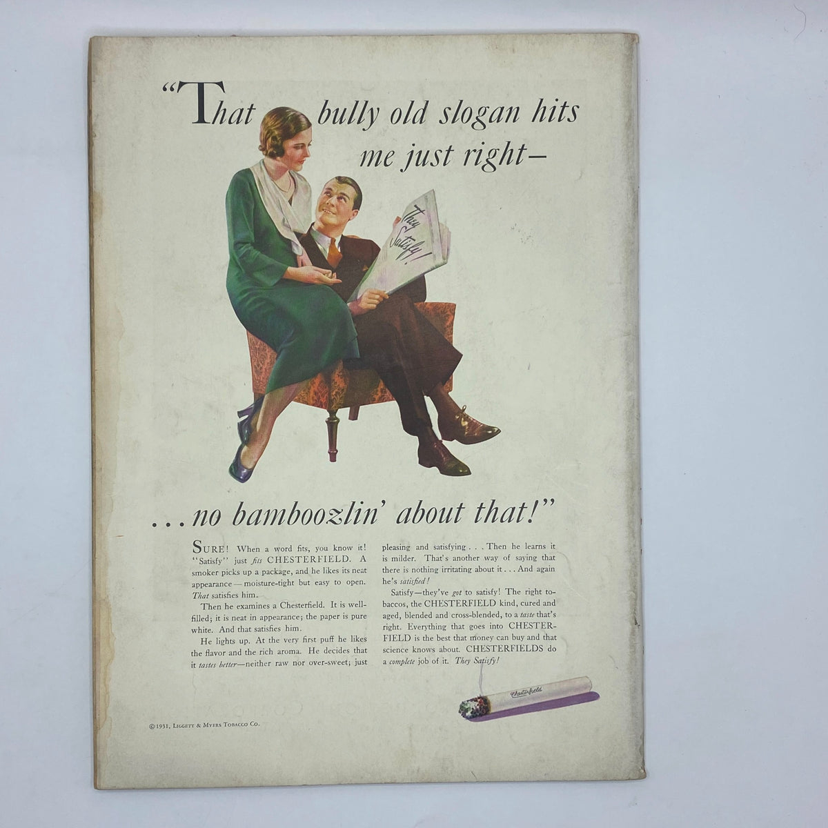 Back cover of The New Yorker January 9, 1932 featuring a Chesterfield advertisement with a couple engaging in conversation, illustrating vintage advertising style.