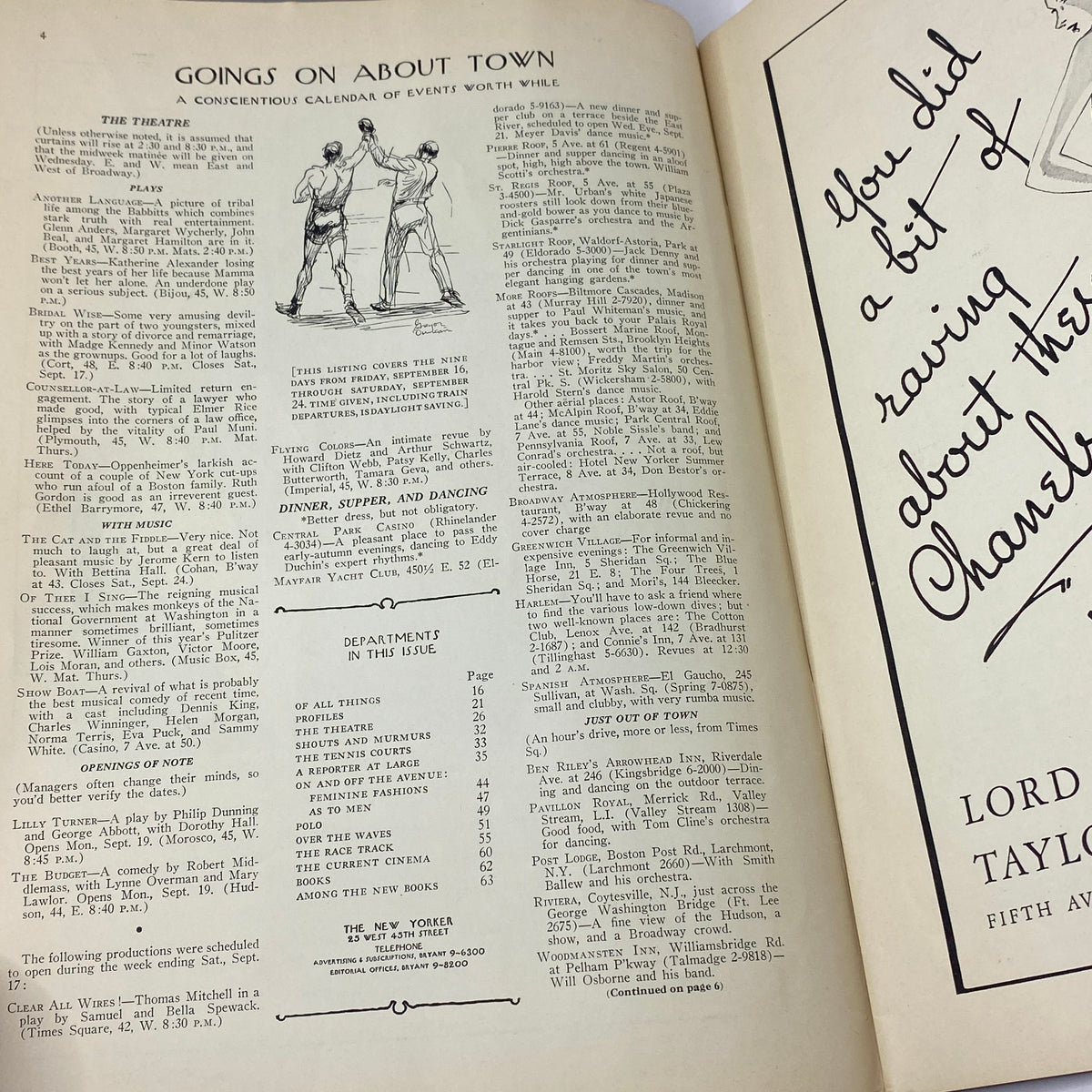 Detailed layout of The New Yorker magazine from September 17, 1932, highlighting events and cultural commentary with illustrations and vintage advertisements.