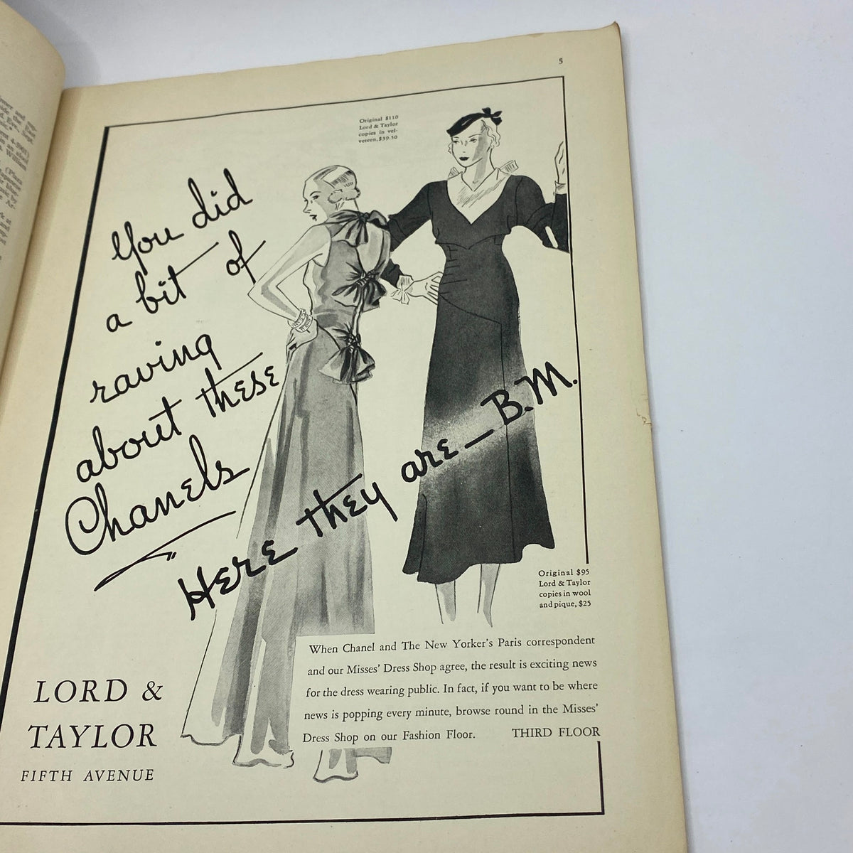 Exclusive advertisement from The New Yorker magazine, featuring two elegant dresses by Lord & Taylor with a handwritten note, in the September 17, 1932 issue with Peter Arno cover.