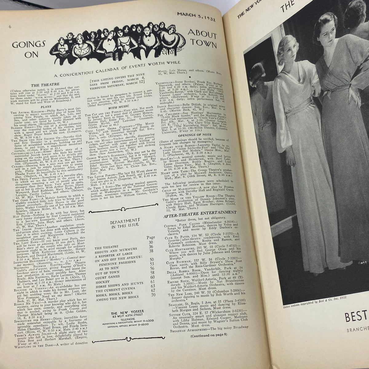 Page from The New Yorker magazine, March 5, 1932, featuring calendar of events and entertainment listings.