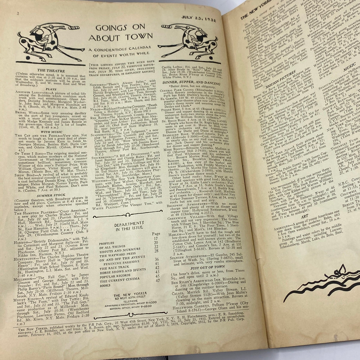 Inside content page of The New Yorker Complete Magazine July 23, 1932 featuring the 'Goings On About Town' section, outlining events and activities.