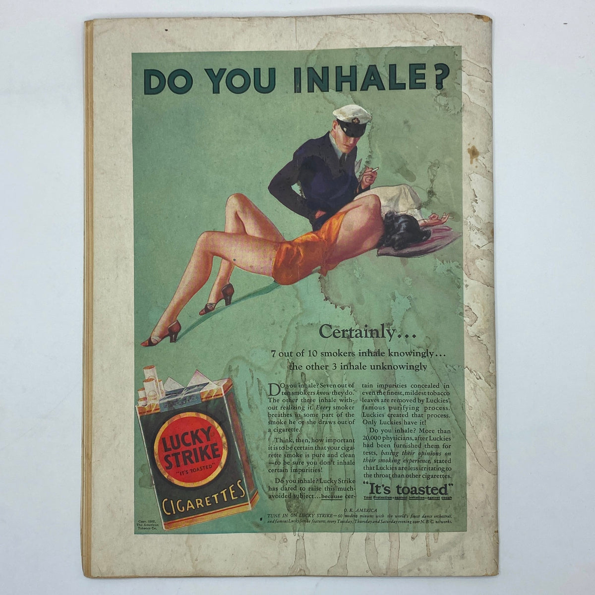 Vintage advertisement from The New Yorker July 23, 1932 featuring a provocative illustration with the text 'Do You Inhale?' promoting Lucky Strike cigarettes. This ad captures the glamour and allure of the 1930s while highlighting popular smoking culture.