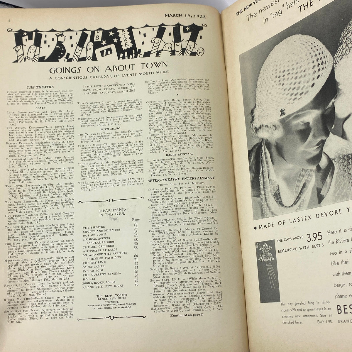 Page featuring event listings titled 'Goings on About Town' from The New Yorker Complete Magazine March 19, 1932.