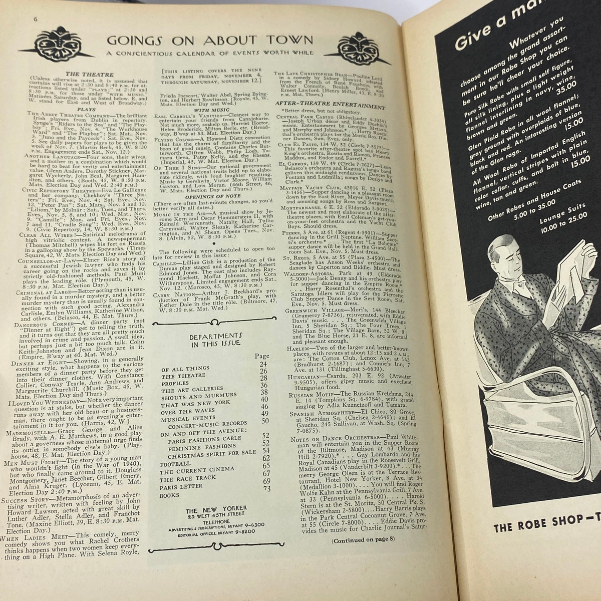 Interior page of The New Yorker Complete Magazine November 5, 1932 showcasing events calendar titled 'Goings On About Town' with listings for theatre and entertainment.