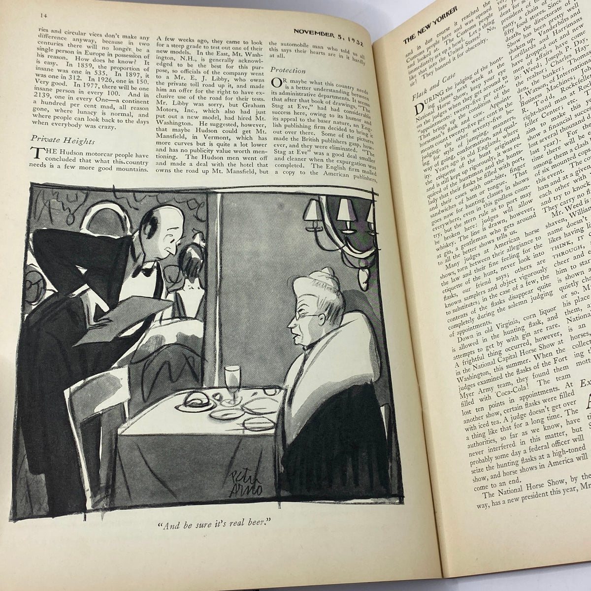 Another interior page from The New Yorker Complete Magazine November 5, 1932 featuring a cartoon illustration by Peter Arno of a restaurant scene with a waiter and a dining couple.
