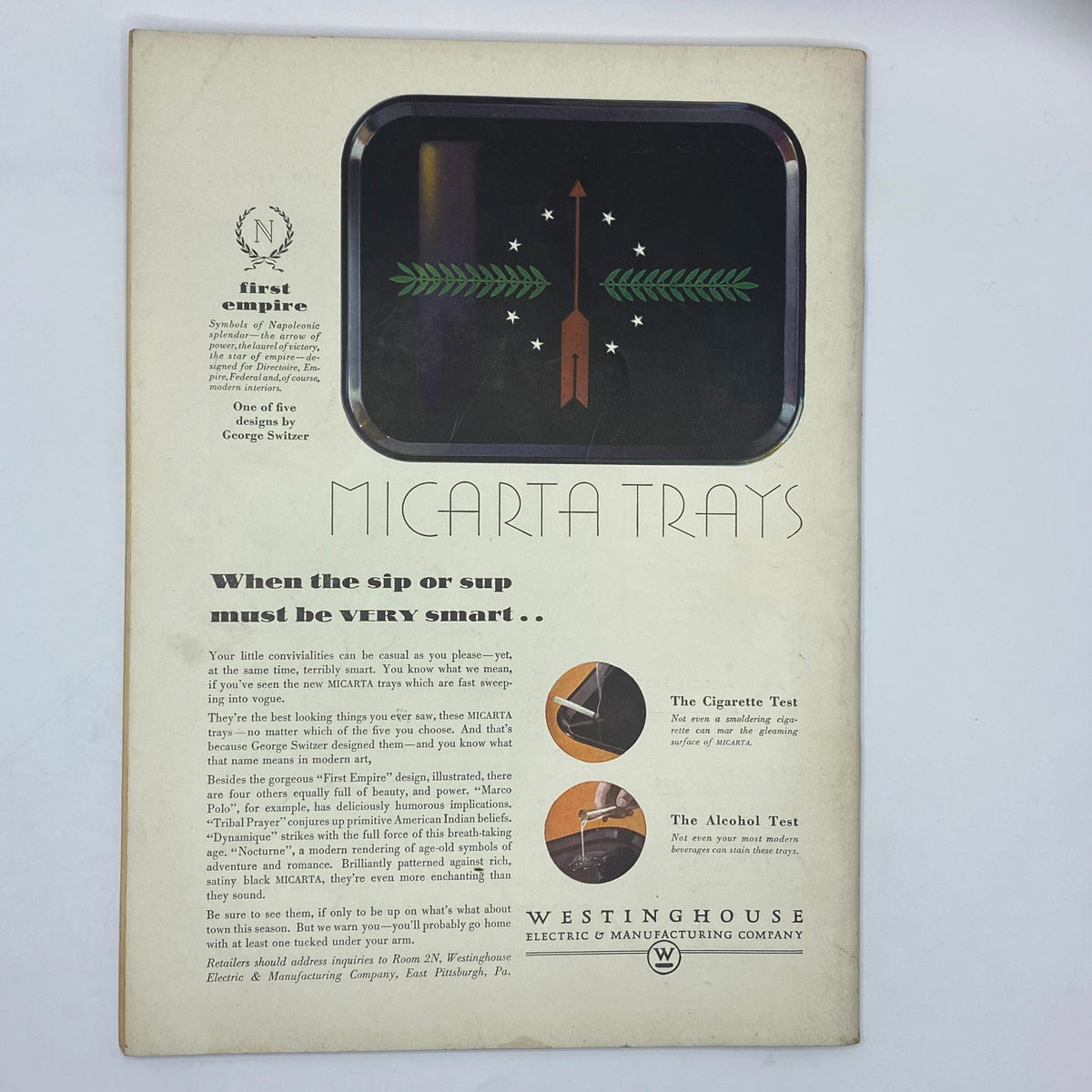 Back cover of The New Yorker Complete Magazine November 5, 1932 displaying an advertisement for Micarta trays with a description of their stylish design.