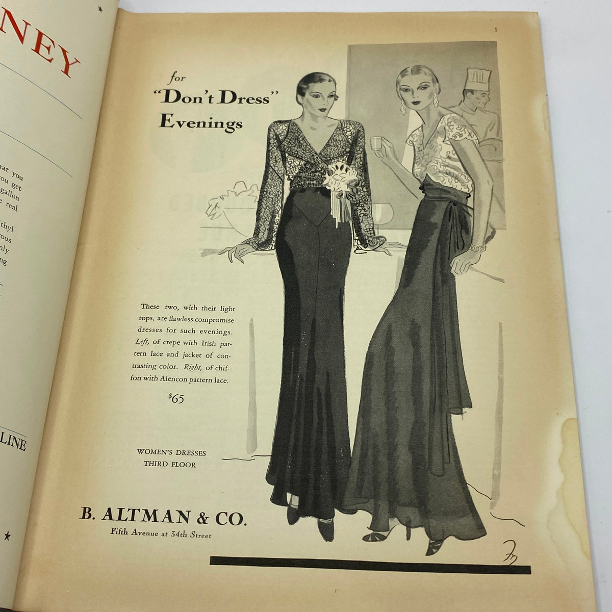 Fashion advertisement in The New Yorker Complete Magazine January 23, 1932 featuring elegant women's dresses for evening wear.