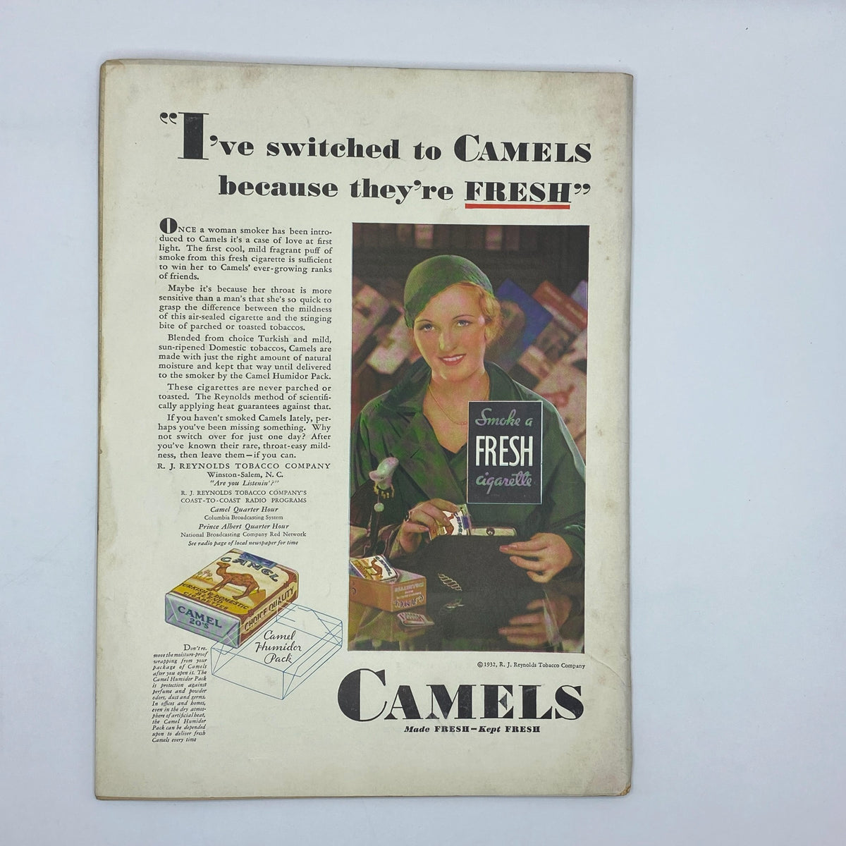Advertisement for Camels cigarettes in The New Yorker April 16, 1932, featuring a woman promoting the freshness of Camel cigarettes.