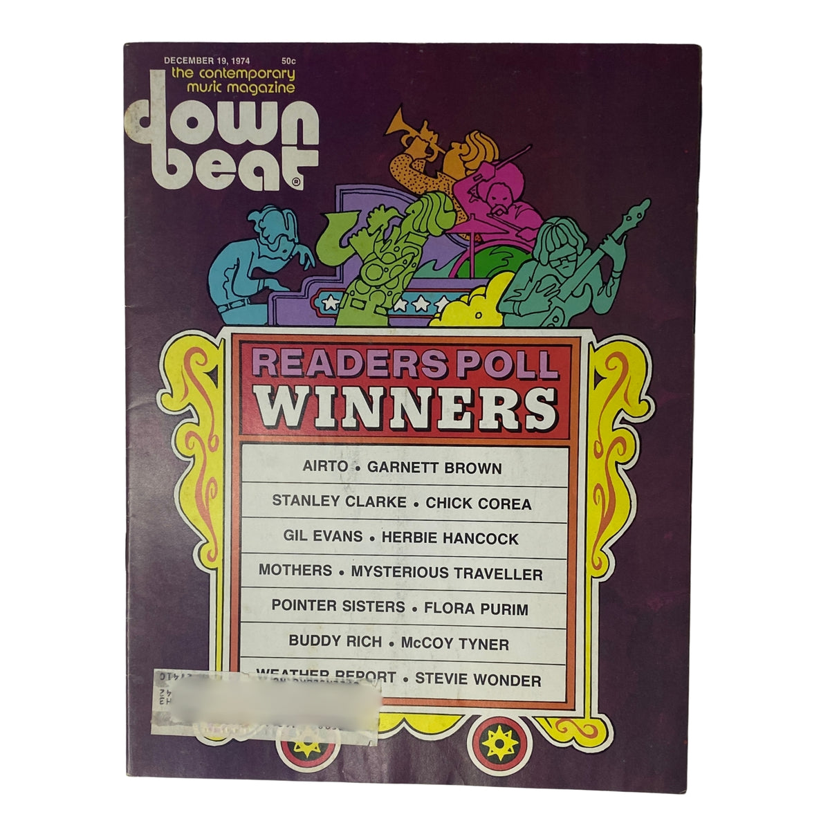 Front cover of Down Beat Magazine December 19, 1974 featuring Airto, Garnett Brown, and Stanley Clarke, highlighting Readers Poll Winners.