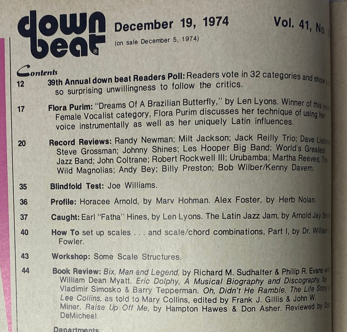Inside page from Down Beat Magazine December 19, 1974 displaying the Table of Contents including features on Flora Purim, record reviews, and workshops.