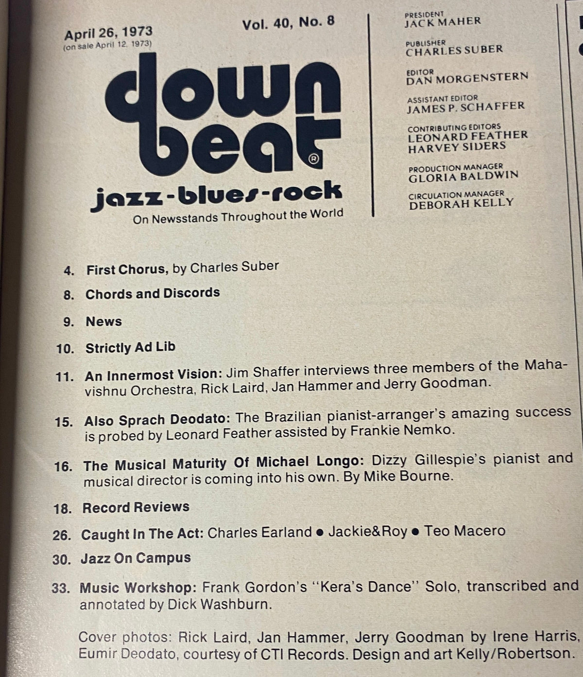 Table of Contents from Down Beat Magazine April 26, 1973 Vol 40 No. 8, listing articles including interviews and features on Rick Laird, Jerry Goodman, and other prominent jazz figures.