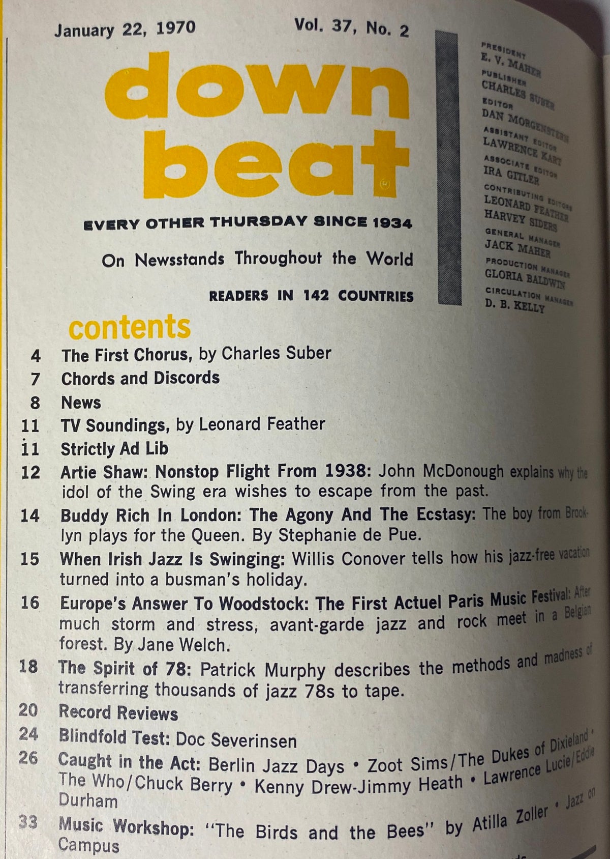 Cover of Down Beat Magazine, January 22, 1970, Vol 37 No. 2 featuring articles including Doc Severinsen and Attila Zoller, showcasing jazz history and music content.
