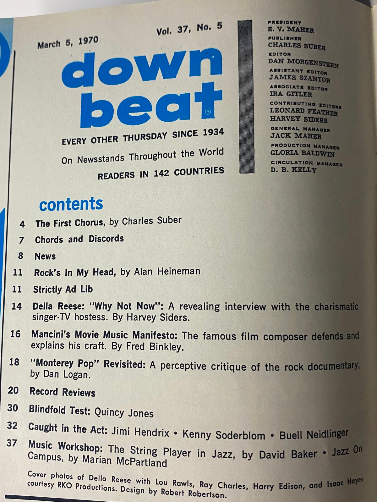 Cover of Down Beat Magazine from March 5, 1970, Volume 37, No. 5 featuring articles on Jimi Hendrix and Quincy Jones, along with a table of contents detailing various music-related topics.