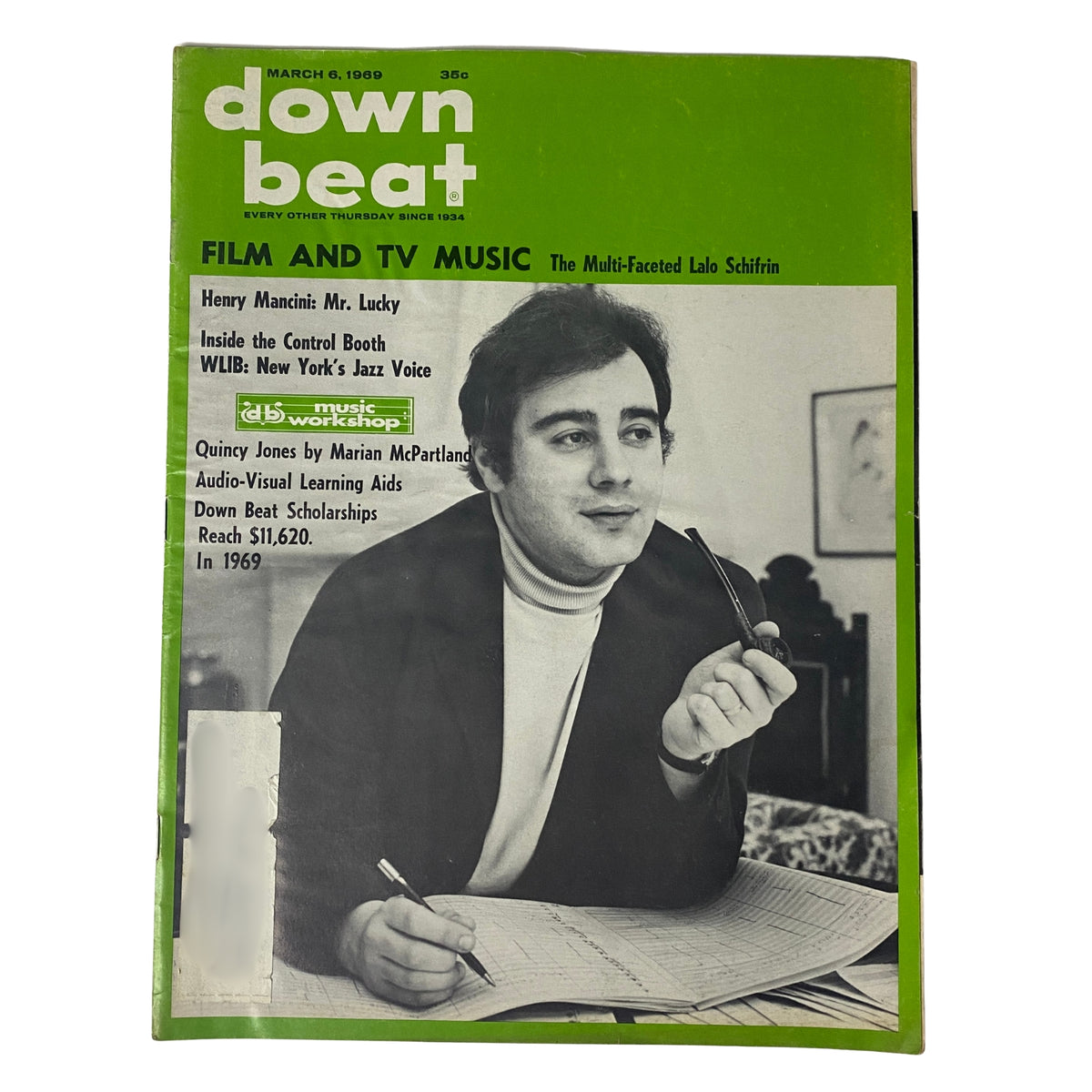 Cover of Down Beat Magazine from March 6, 1969, featuring the title 'The Multi-Faceted Lalo Schifrin' with a photo of Lalo Schifrin and headlines about film and TV music, including references to Henry Mancini and Quincy Jones.