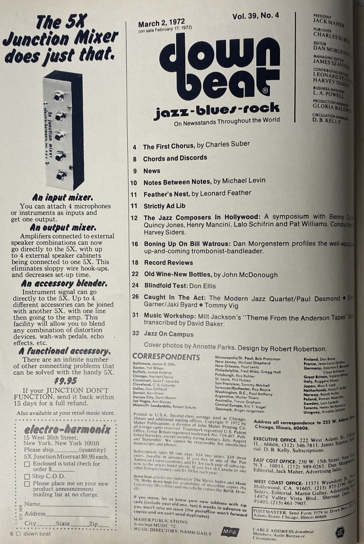 Down Beat Magazine March 2, 1972 Vol 39 No. 4 featuring articles on jazz by Charles Suber, Michael Levin, and Leonard Feather; highlights include a symposium with Benny Carter, Quincy Jones, Henry Mancini, and Lalo Schifrin, and cover photos by Annette Parks.