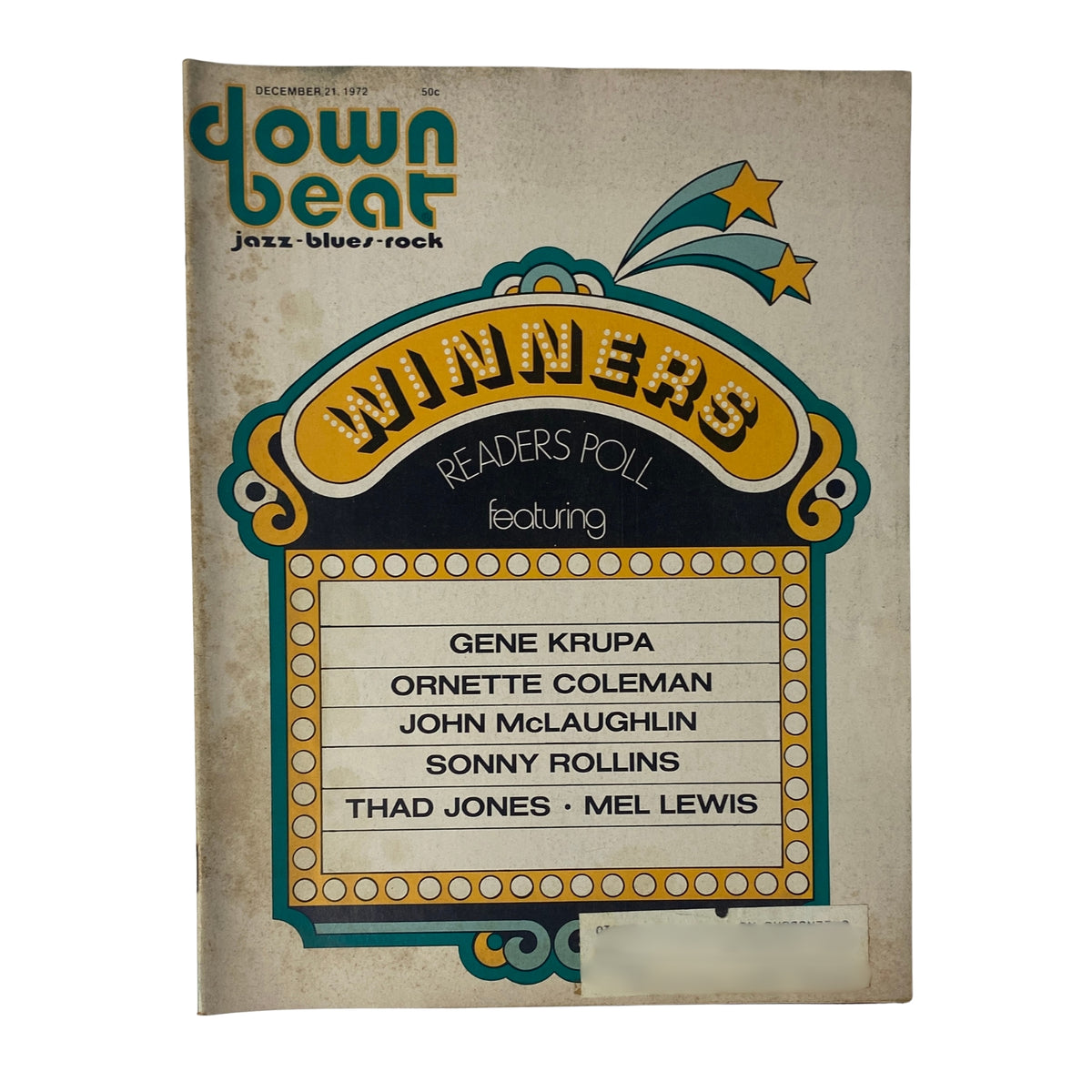 Cover of Down Beat Magazine December 21, 1972 Vol 39 No. 21 featuring Gene Krupa, Ornette Coleman, and listing of Readers Poll winners including John McLaughlin, Thad Jones, and Sonny Rollins.