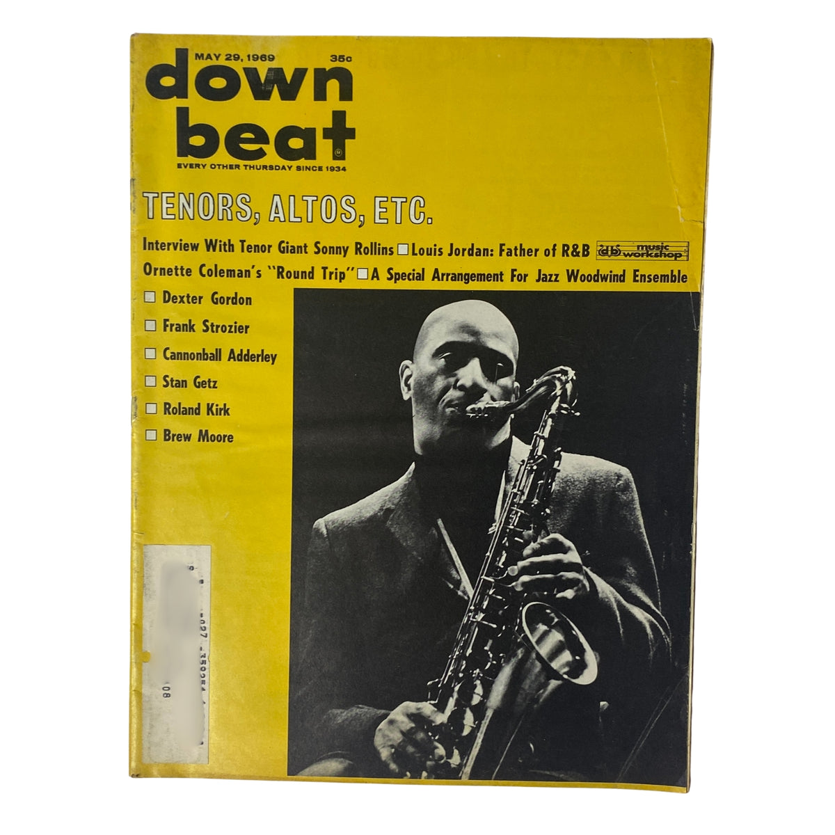Cover of Down Beat Magazine dated May 29, 1969, Vol 36 No. 11 featuring tenor saxophonist Sonny Rollins, highlighting interviews and music discussions.