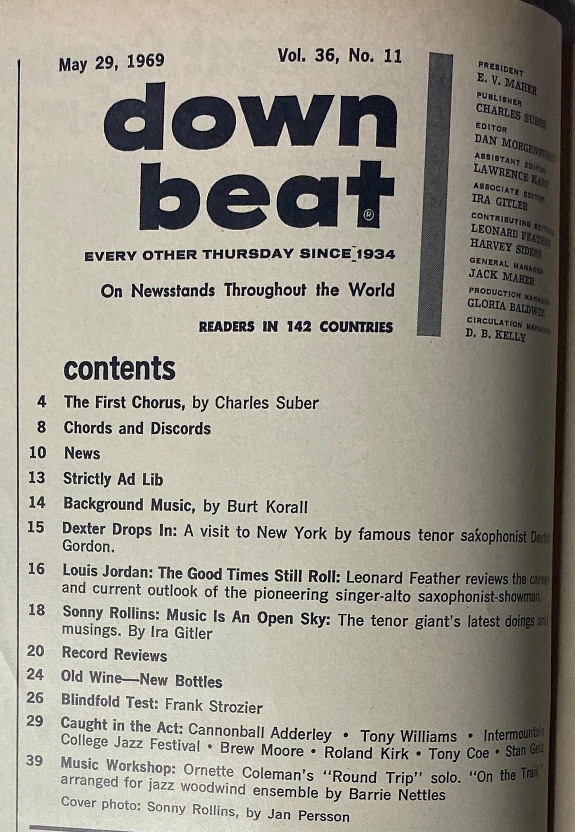 Table of Contents for Down Beat Magazine, May 29, 1969, Vol 36 No. 11, showcasing featured articles including interviews with Sonny Rollins and other musicians.