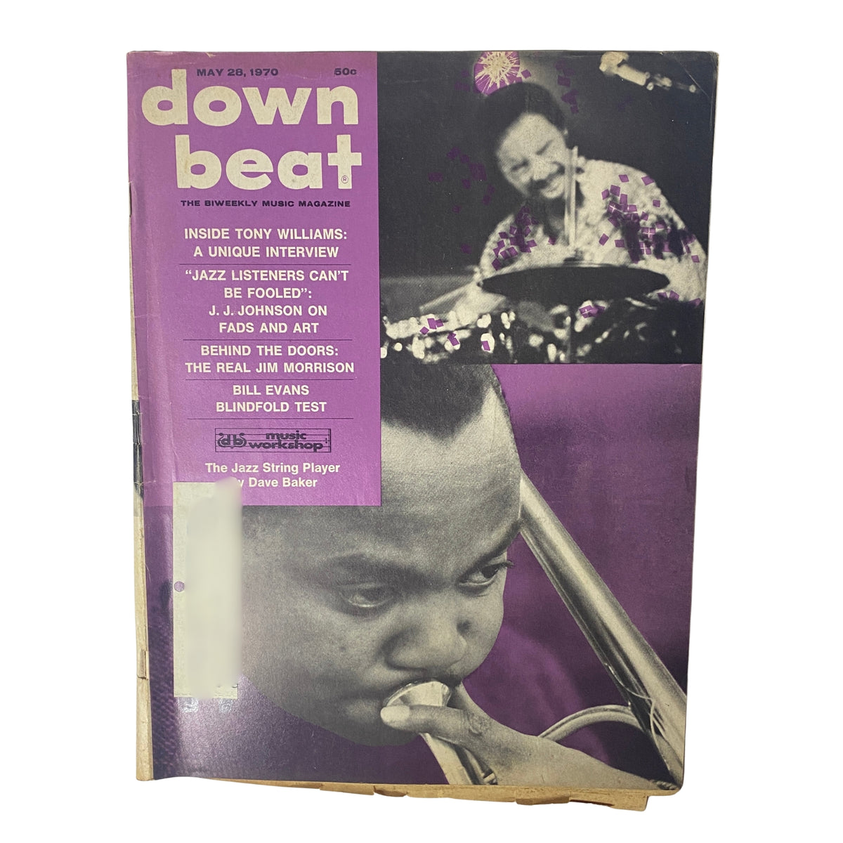 Cover of Down Beat Magazine from May 28, 1970, Volume 37, Number 11 featuring Tony Williams, with a unique interview inside. Highlights include Jim Morrison and Bill Evans.