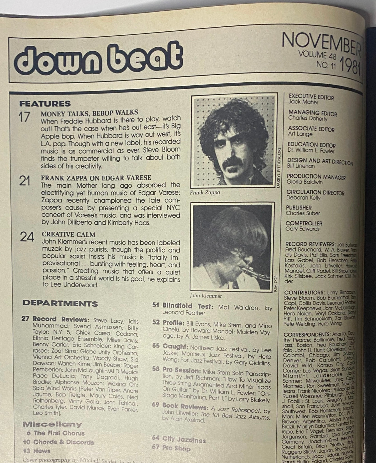 Inside page of Down Beat Magazine November 1981 Vol 48 No. 11, highlighting features on Freddie Hubbard, Frank Zappa, and John Klemmer with magazine details.