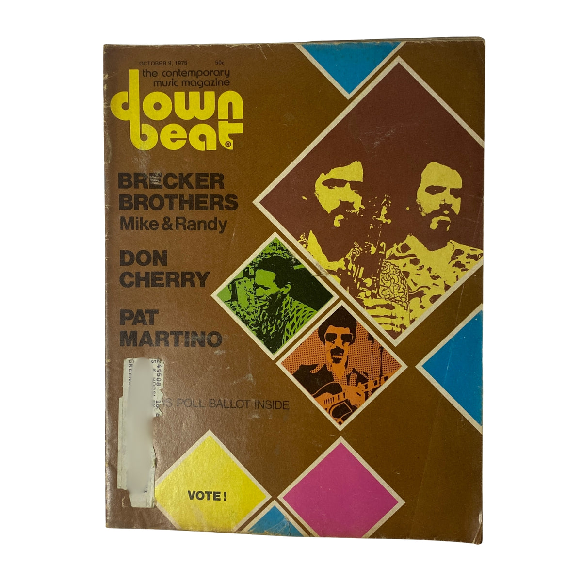 Cover of Down Beat Magazine, October 9, 1975, Volume 42, Number 16 featuring The Brecker Brothers, Don Cherry, and Pat Martino, showcasing vibrant geometric designs and text promoting music content.