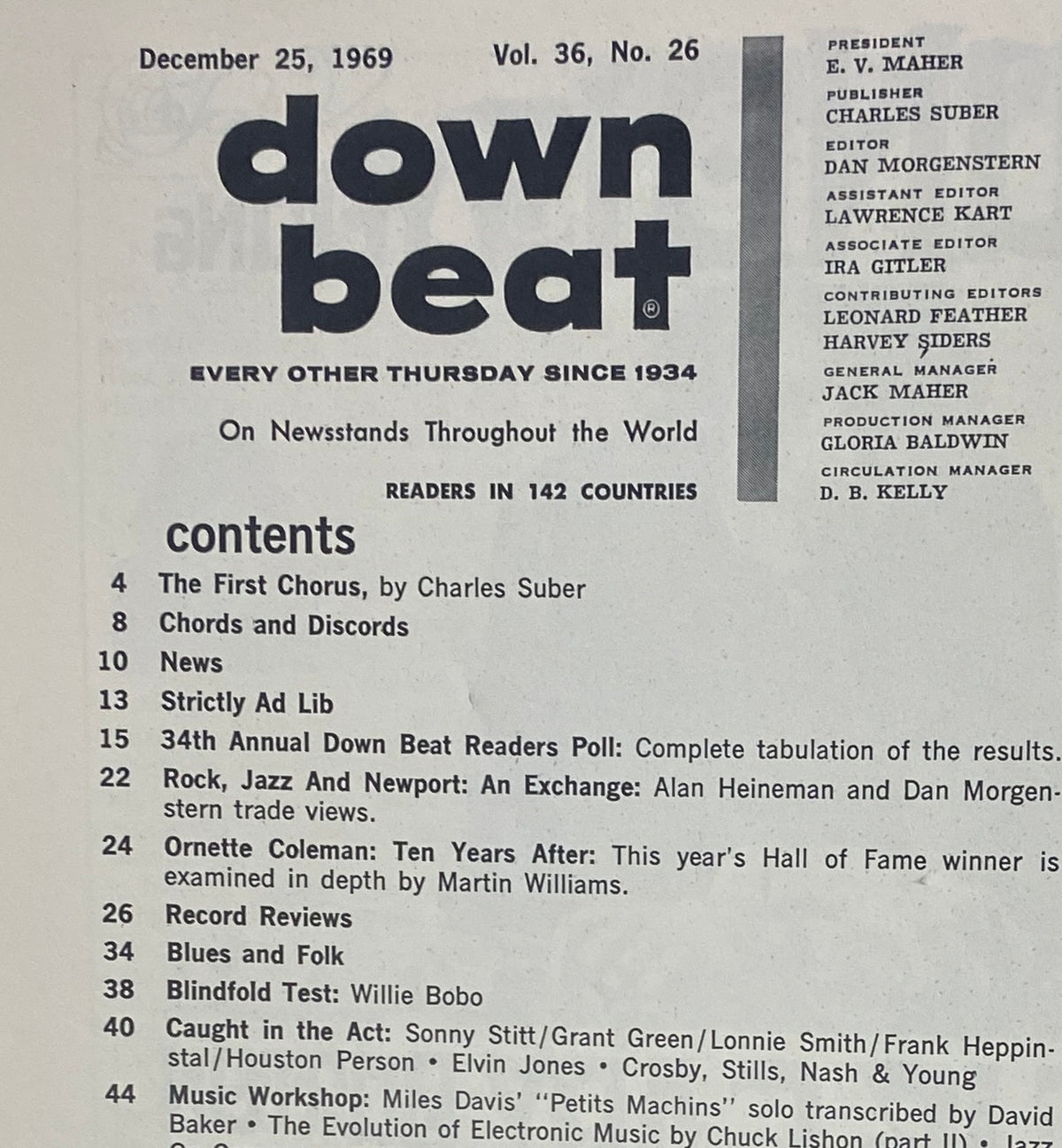 Cover of Down Beat Magazine, December 25, 1969, Volume 36, No. 26, featuring an article on Ornette Coleman, along with contents list including 'The First Chorus' and '34th Annual Down Beat Readers Poll'.