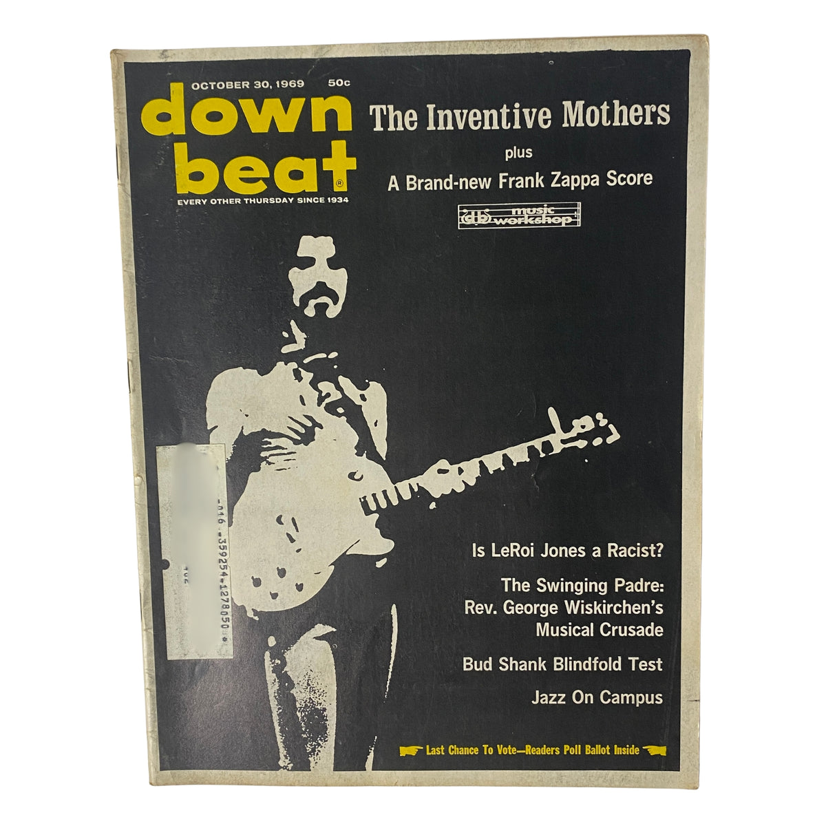 Cover of Down Beat Magazine, October 30, 1969, Vol 36 No. 22 featuring Frank Zappa with the headline 'The Inventive Mothers' and other articles about jazz.