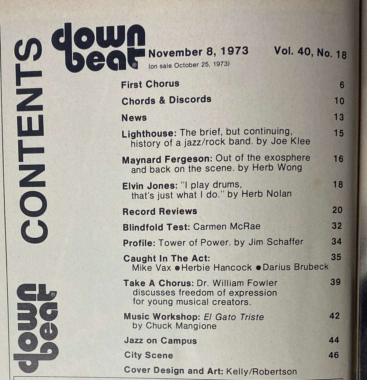 Table of Contents from Down Beat Magazine, November 8, 1973, Volume 40, No. 18, listing articles on Elvin Jones, Maynard Ferguson, and various jazz topics.