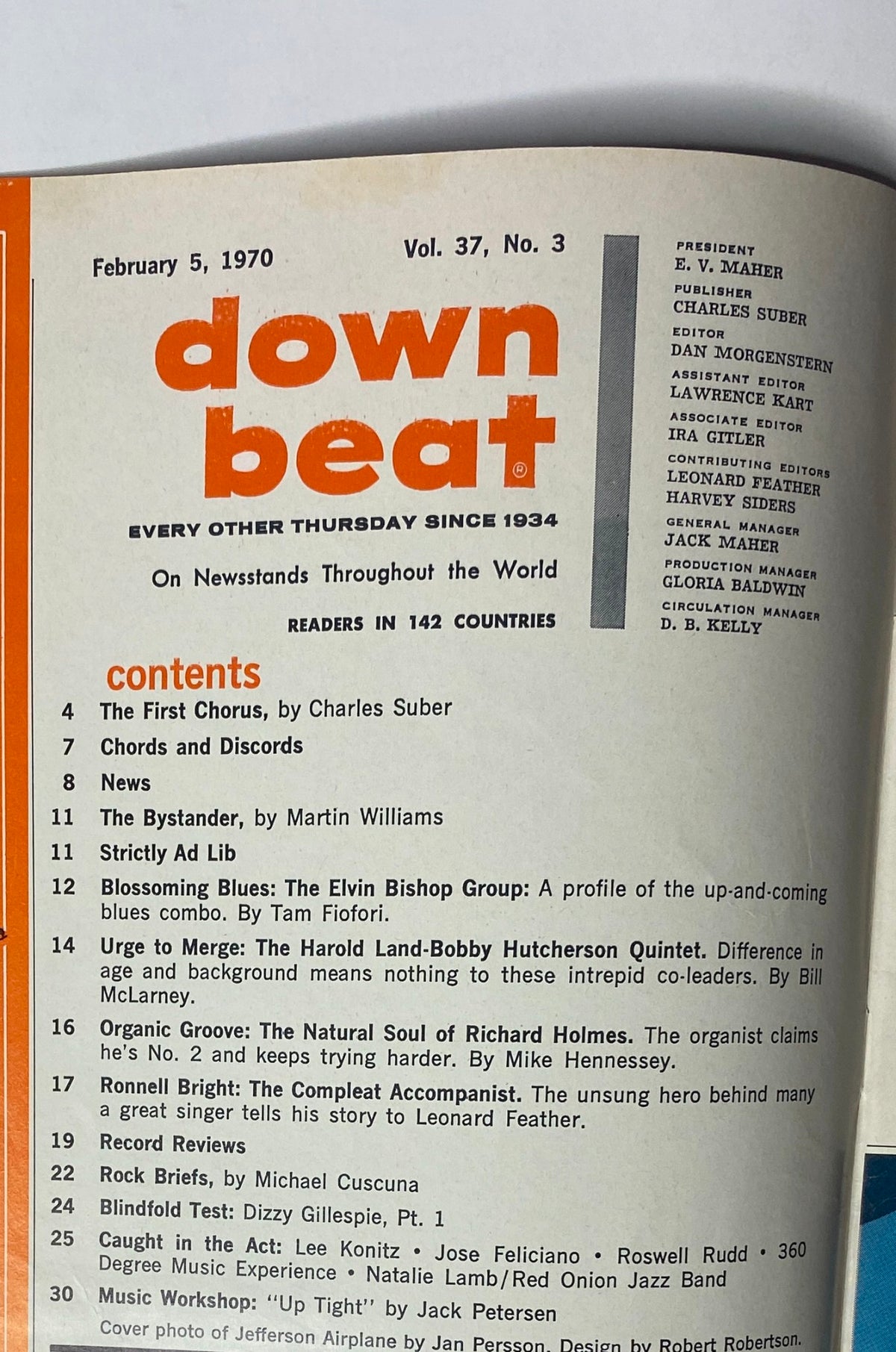 Table of Contents from Down Beat Magazine February 5, 1970, Vol 37 No. 3 listing featured articles and music profiles.