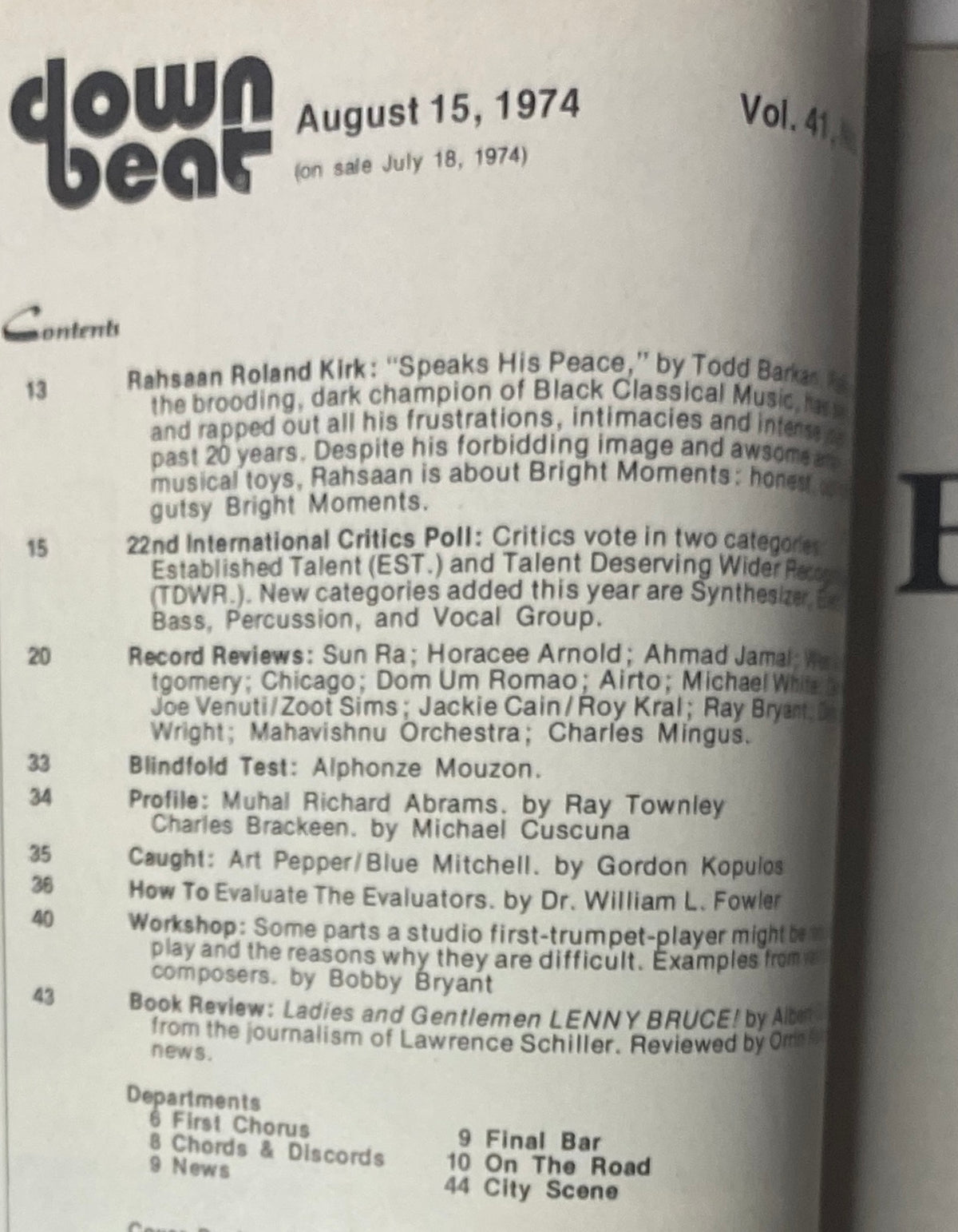 Down Beat Magazine cover from August 15, 1974 featuring Rahsaan Roland Kirk. The cover highlights the contents including an article titled 'Speaks His Peace' by Todd Barkan and mentions the 22nd International Critics Poll, record reviews, and profiles of notable jazz musicians.