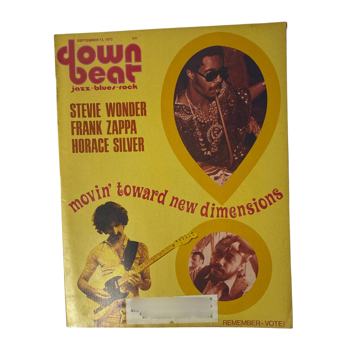 Cover of Down Beat Magazine, September 13, 1973, Volume 40, Number 15 featuring Stevie Wonder, Frank Zappa, and Horace Silver with the title 'movin' toward new dimensions'.