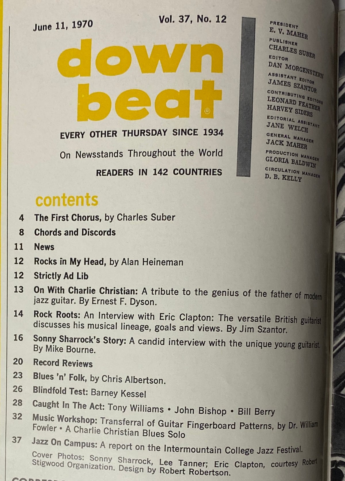 Table of contents of Down Beat Magazine, June 11, 1970, Vol 37 No. 12, listing articles and features including interviews with Eric Clapton and Sonny Sharrock.