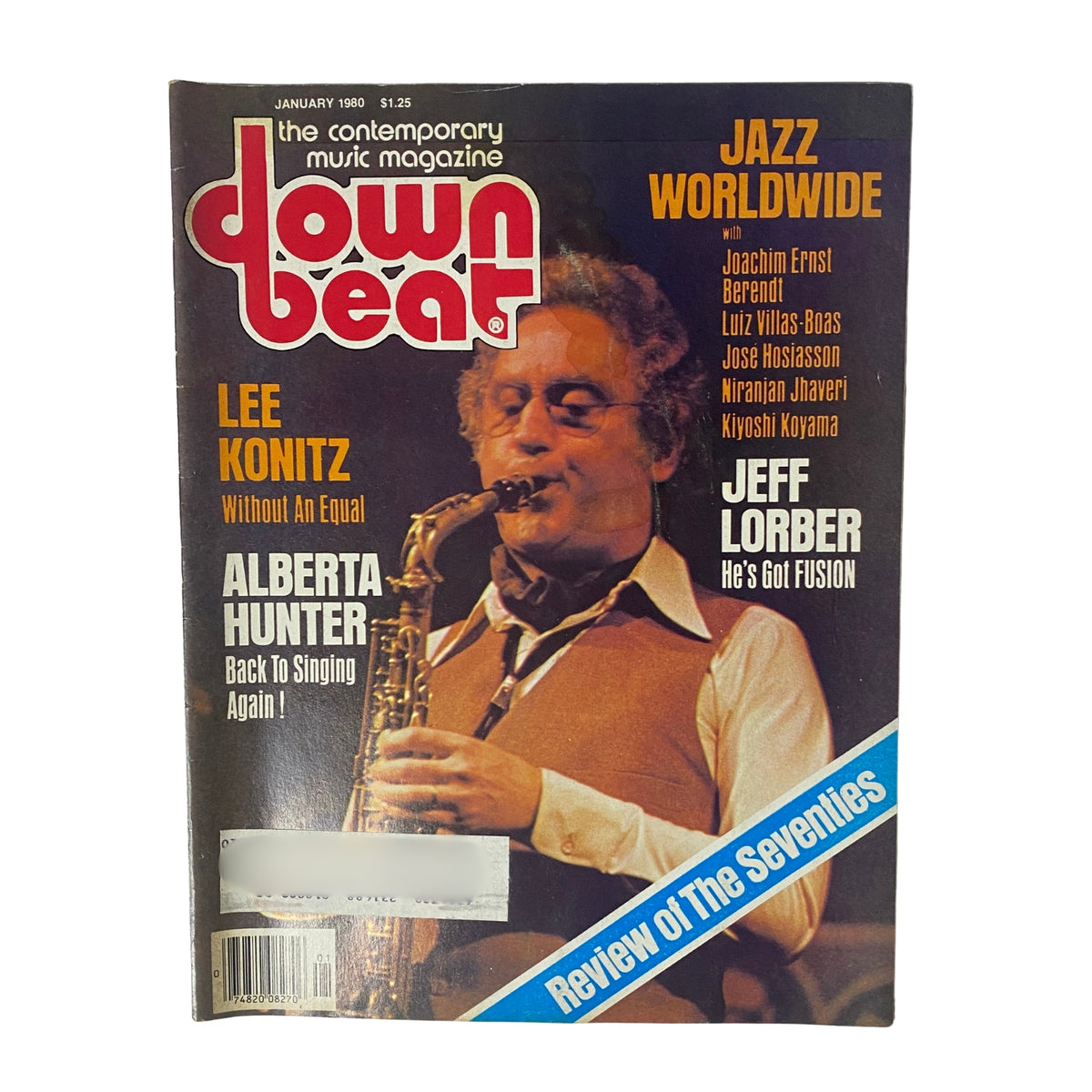 Cover of Down Beat Magazine January 1980 featuring Lee Konitz, Alberta Hunter, and Jeff Lorber along with the headline 'Jazz Worldwide' and 'Review of the Seventies.' The magazine prominently displays a saxophonist, emphasizing the jazz genre.