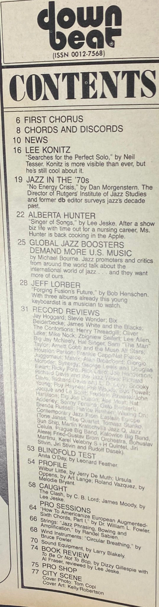 Table of Contents page from Down Beat Magazine January 1980, listing articles including features on Lee Konitz, Alberta Hunter, and global jazz trends, with emphasis on historical reviews and insights into jazz music.