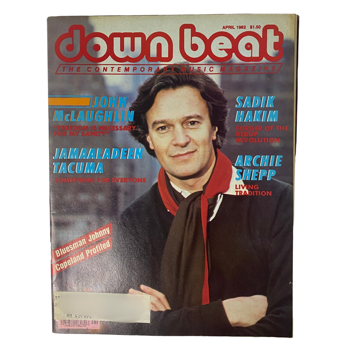 Cover of Down Beat Magazine, April 1982, featuring John McLaughlin, Sadik Hakim, Jamaaladeen Tacuma, and Archie Shepp, showcasing contemporary music with highlighted features and articles.
