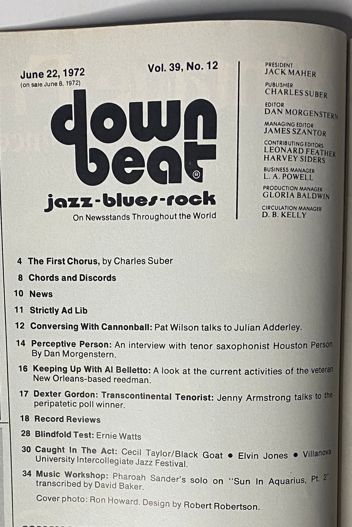 Cover of Down Beat Magazine from June 22, 1972, Volume 39 No. 12 featuring Cannonball Adderley, includes articles and interviews about leading jazz artists, designed by Robert Robertson.