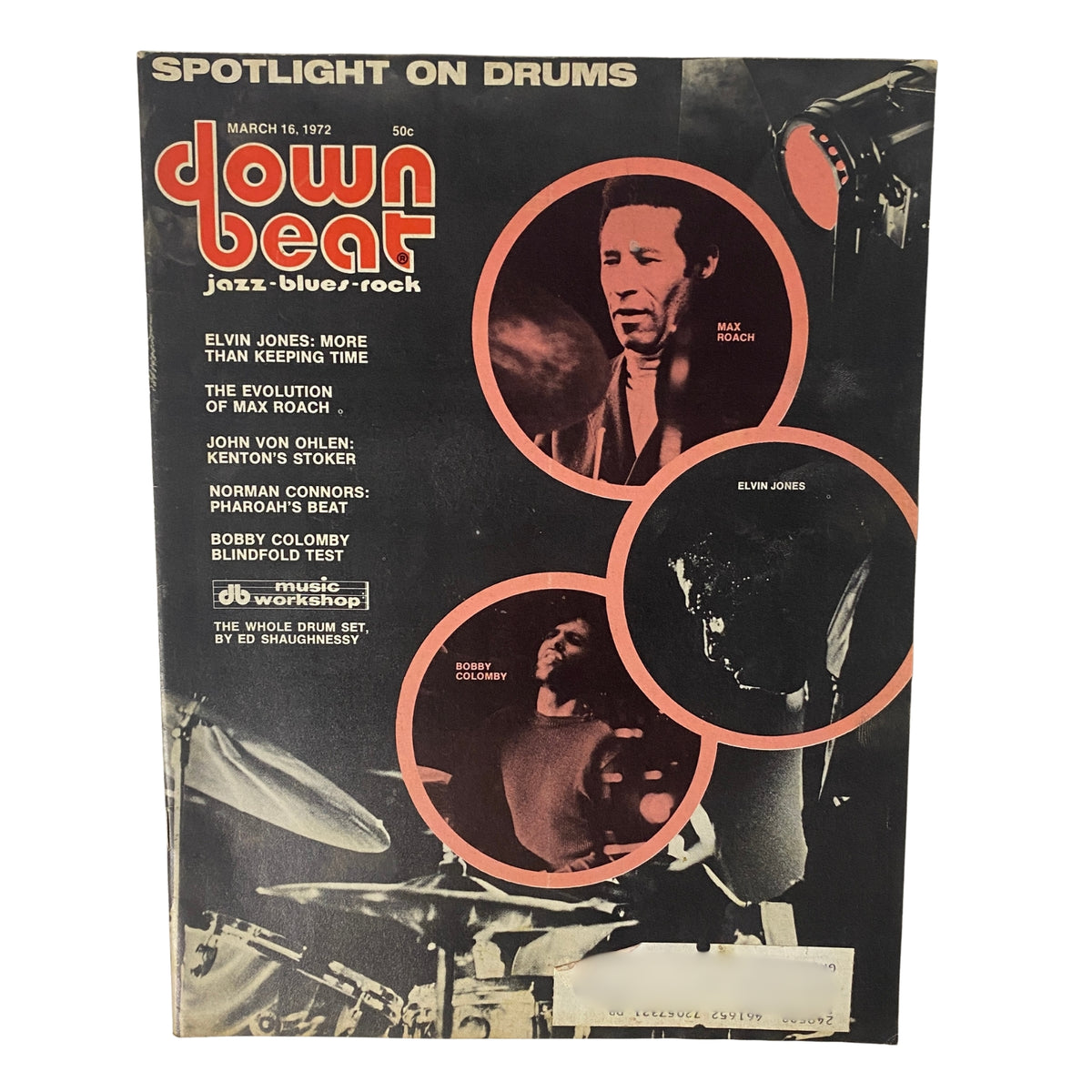Down Beat Magazine March 16, 1972 Vol 39 No. 5 featuring Max Roach and Elvin Jones on the cover, highlighting jazz, blues, and rock.