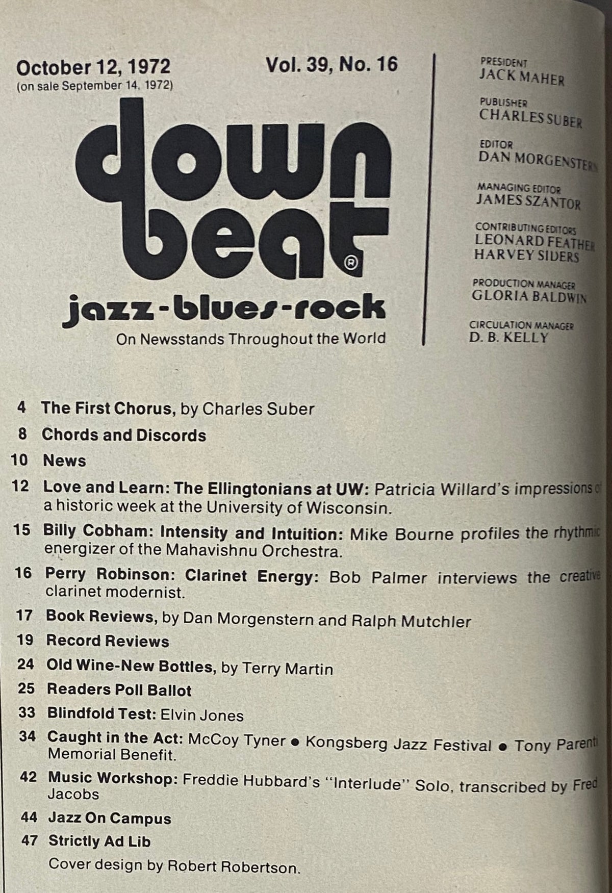 Interior page of Down Beat Magazine, October 12, 1972, Vol 39 No. 16 showcasing the Table of Contents including articles on jazz musicians and events by Charles Suber and others.