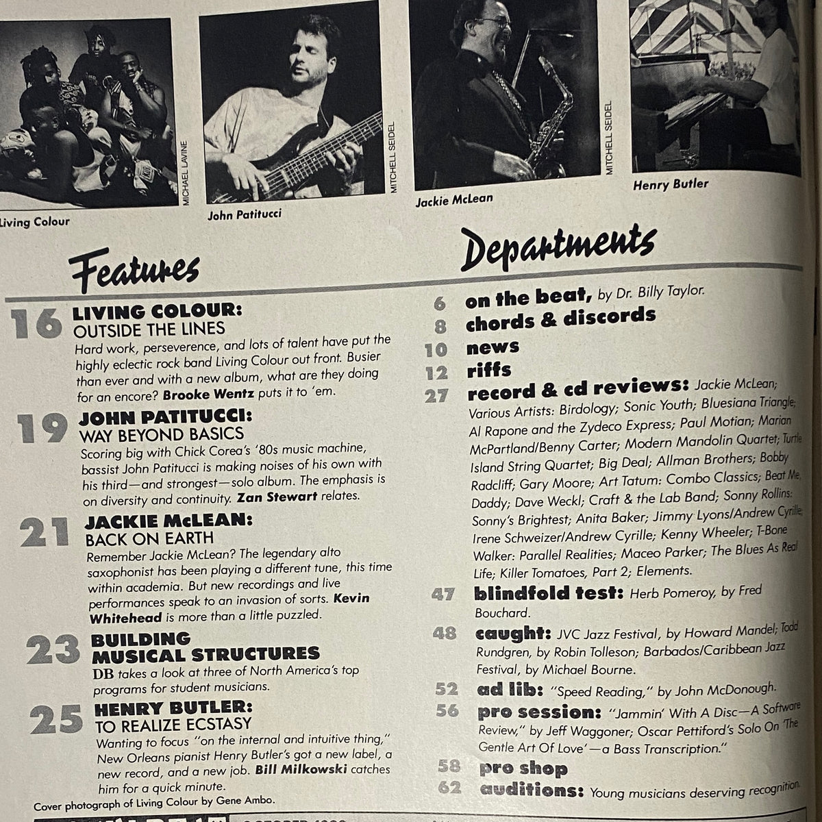 Inside page from Down Beat Magazine October 1990 highlighting features on Living Colour, John Patitucci, Jackie McLean, and music education.