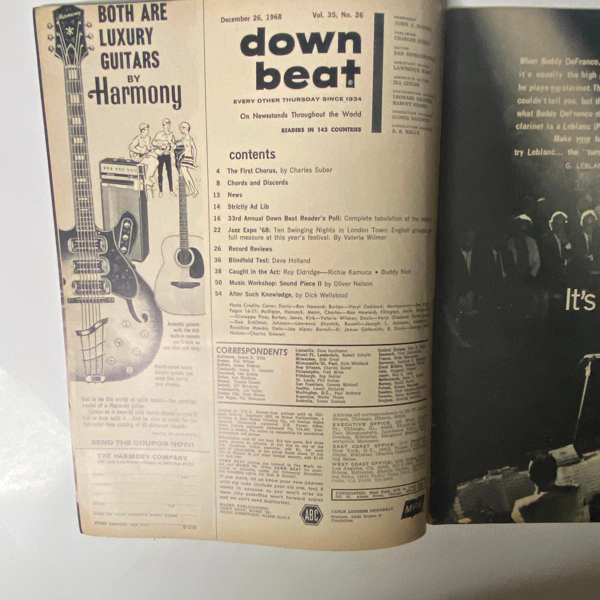 Inside page of Down Beat Magazine December 26, 1968 Vol 35 No. 26 displaying contents and articles, including features on Gary Burton and Miles Davis.