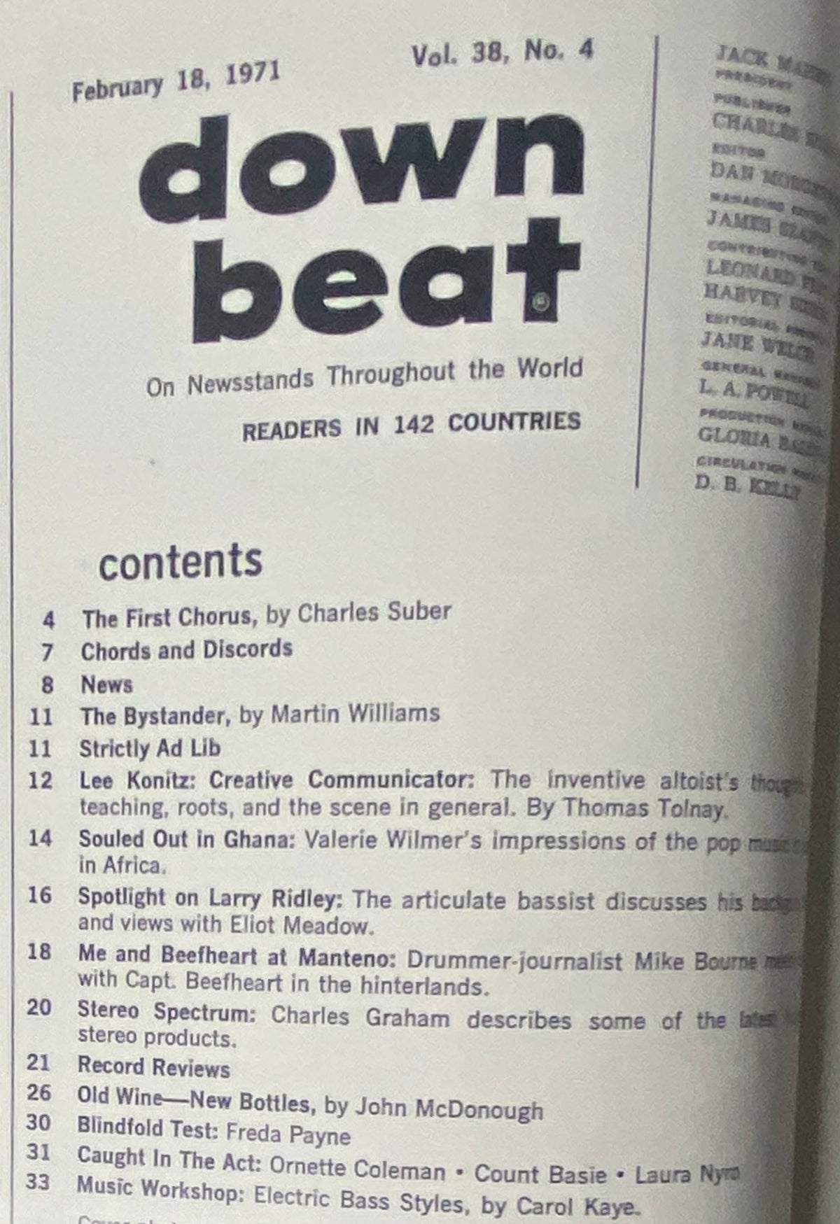 Contents page of Down Beat Magazine, February 18, 1971, Vol 38 No. 4 listing articles on Lee Konitz, Carol Kaye, and jazz music.
