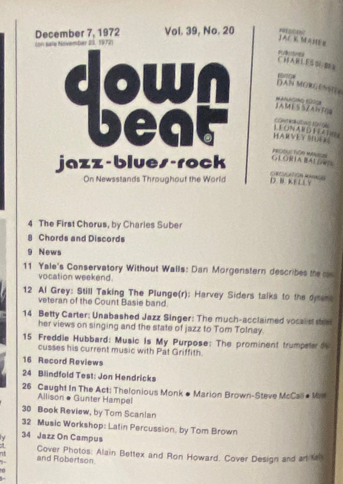 Table of Contents from Down Beat Magazine, December 7, 1972, Vol. 39, No. 20, detailing articles including features on Alain Bettex and Ron Howard.