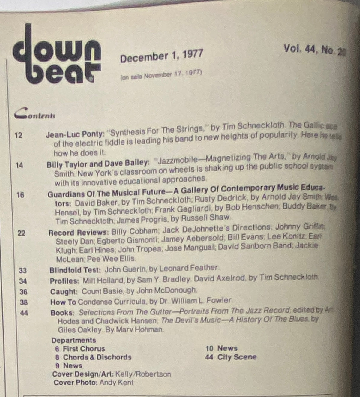 Inside page of Down Beat Magazine, December 1, 1977, showcasing the table of contents including articles on Jean-Luc Ponty, Billy Taylor, and insights into jazz education.