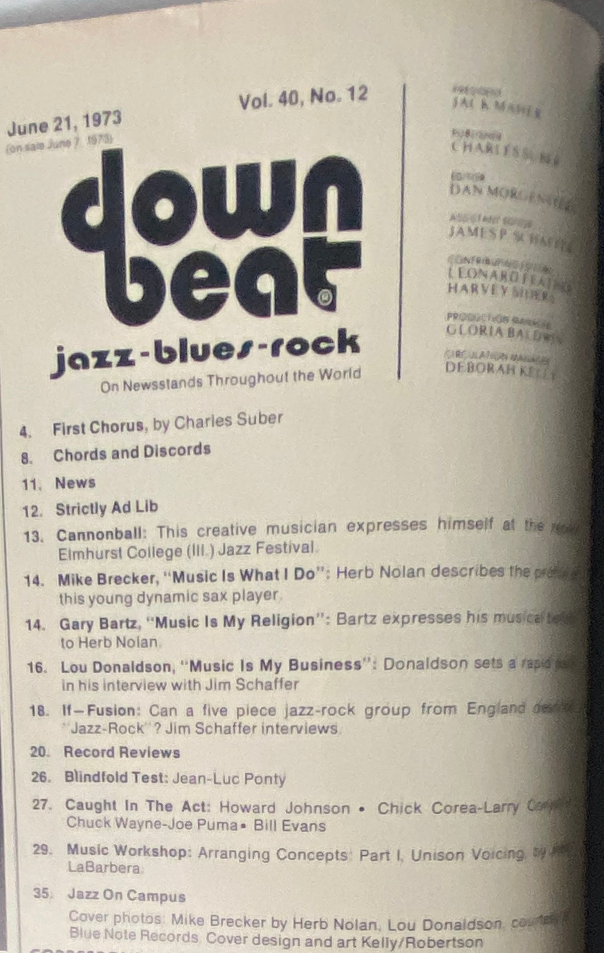 Inside page of Down Beat Magazine, June 21, 1973, Vol. 40 No. 12, listing the table of contents, including features like 'First Chorus' by Charles Suber and interviews with Mike Brecker and Gary Bartz.