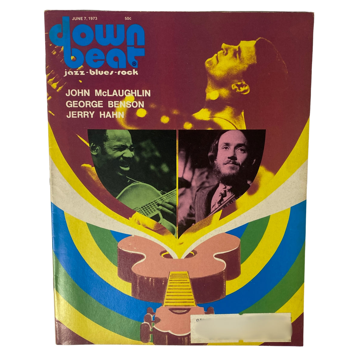 Cover of Down Beat Magazine, June 7, 1973, featuring John McLaughlin, George Benson, and Jerry Hahn, showcasing a vibrant design with colors and images of notable jazz musicians.