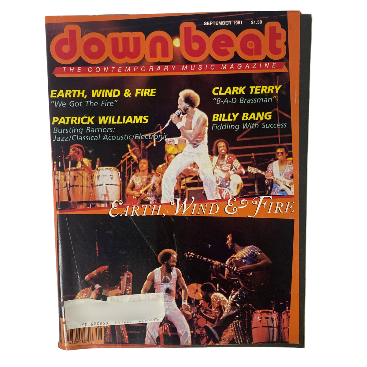 Down Beat Magazine September 1981 Vol 48 No. 9 featuring Earth, Wind & Fire on the cover, highlighting the band's resilience in the jazz-fusion scene.