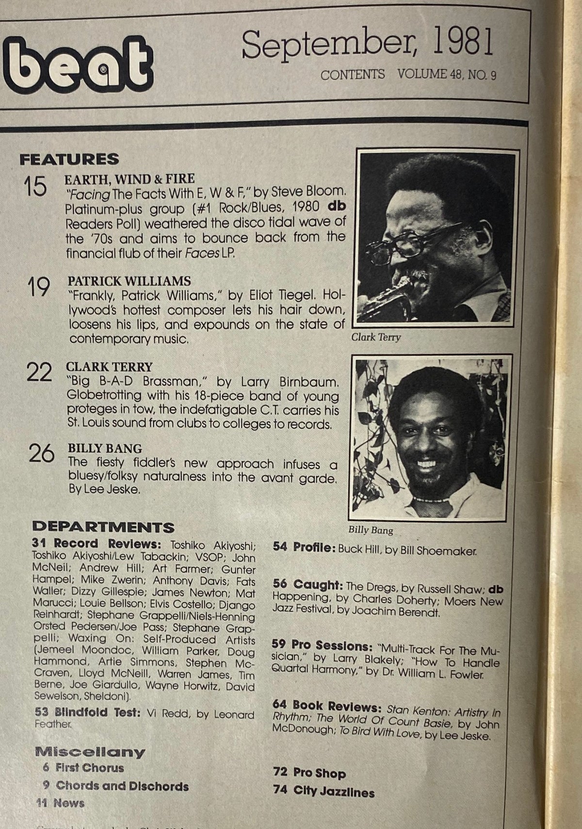 Down Beat Magazine September 1981, Vol 48 No. 9 featuring contents on Earth, Wind & Fire, Patrick Williams, Clark Terry, and Billy Bang, showcasing insights into jazz and contemporary music of the early 1980s.