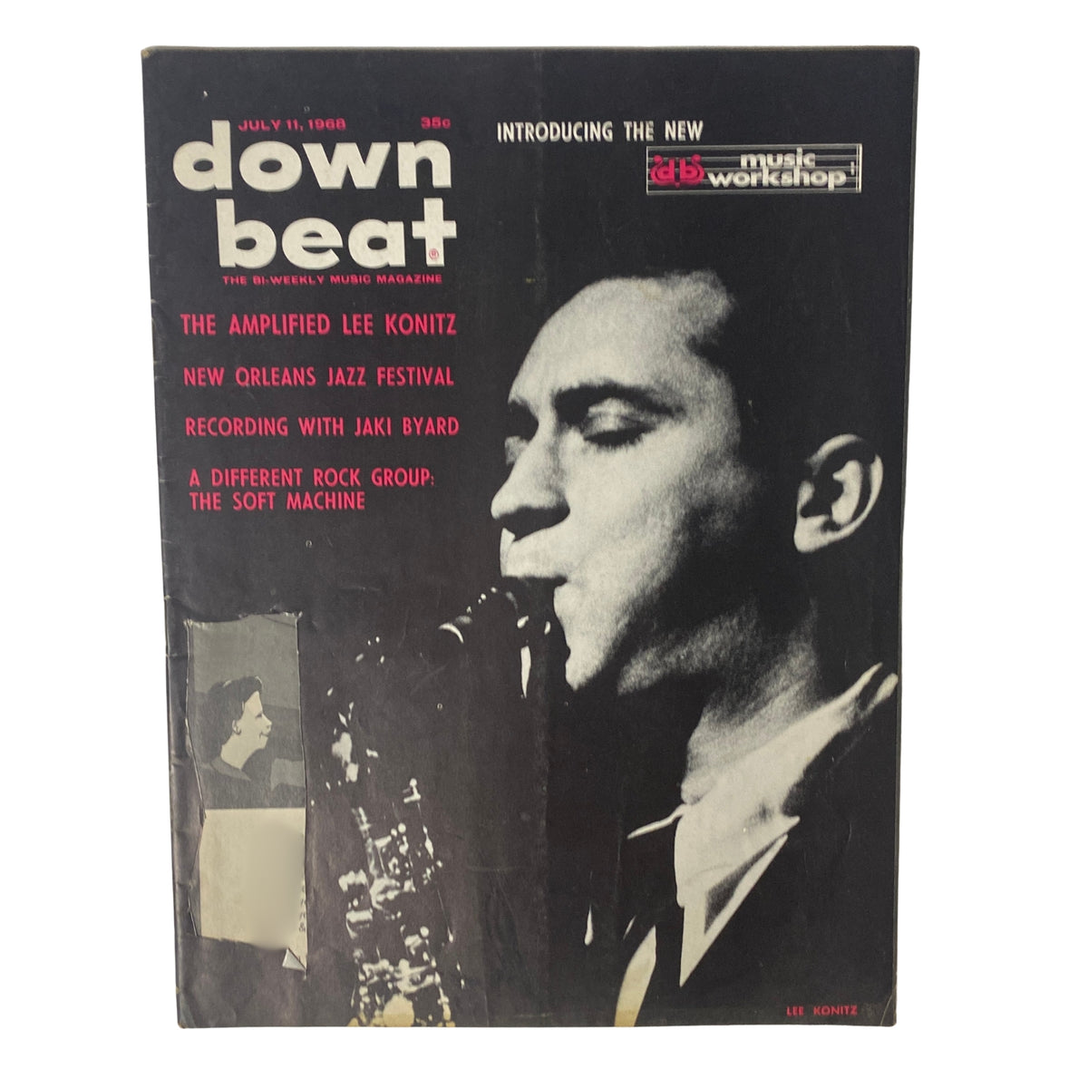 Cover of Down Beat Magazine, July 11, 1968, featuring Lee Konitz on the alto saxophone, highlighting his transition to amplified electric playing.