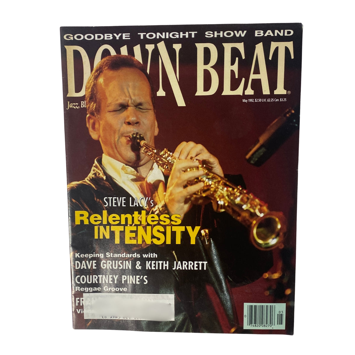 Cover of Down Beat Magazine May 1992 featuring Steve Lacy on saxophone with the title 'Steve Lacy's Relentless Intensity', showcasing jazz music highlights.